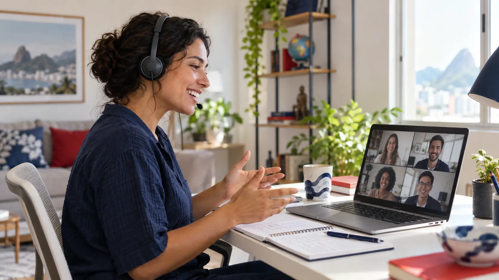 Aluna participando de uma aula de idiomas online ao vivo