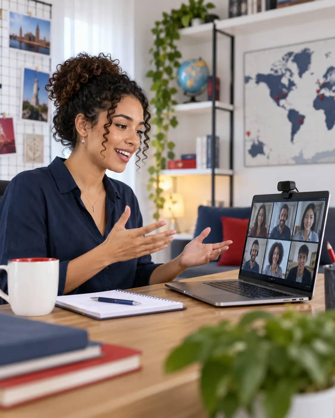 Professora conduzindo uma turma virtual de idiomas ao vivo